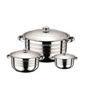 Set 3 oale din inox Ertone MN-515 cu 3 capace din sticla, 20cm/3.2L, 22cm/4,5L, 24cm/6,3L, Inox