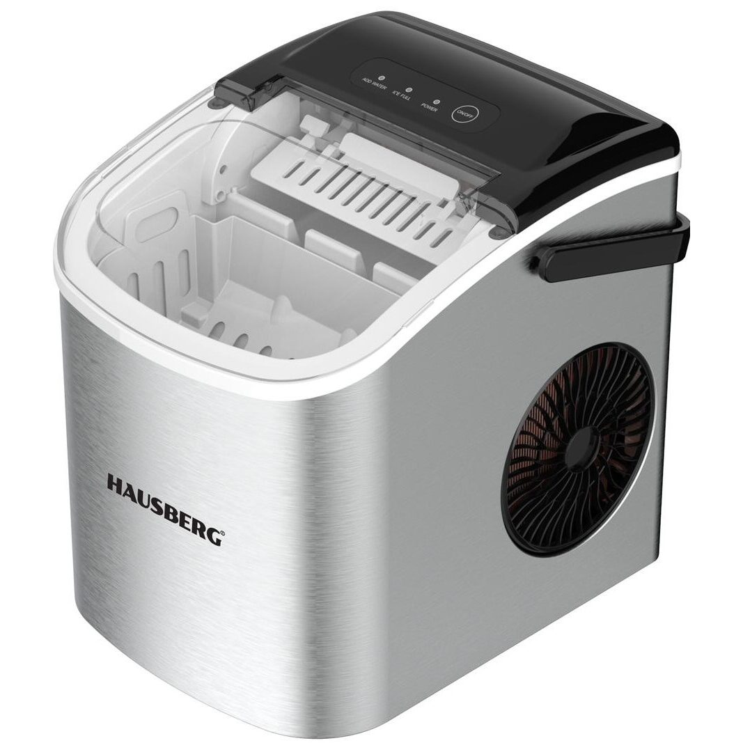 Aparat de preparat gheata HAUSBERG HB-6019IN, capacitate vas apa 1.2 litri, productie cuburi gheata 12-15 kg / 24 ore, capacitate de stocare 0.6 kg, 9 cuburi/6-9 min, argintiu
