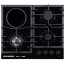 Plita incorporabila mixta Hausberg HB-1538, 3 arzatoare gaz + 1 zona vitroceramica, 600 mm, sticla neagra, control metalic, siguranta gaz, suport fonta