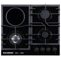 Plita incorporabila mixta Hausberg HB-1538, 3 arzatoare gaz + 1 zona vitroceramica, 600 mm, sticla neagra, control metalic, siguranta gaz, suport fonta