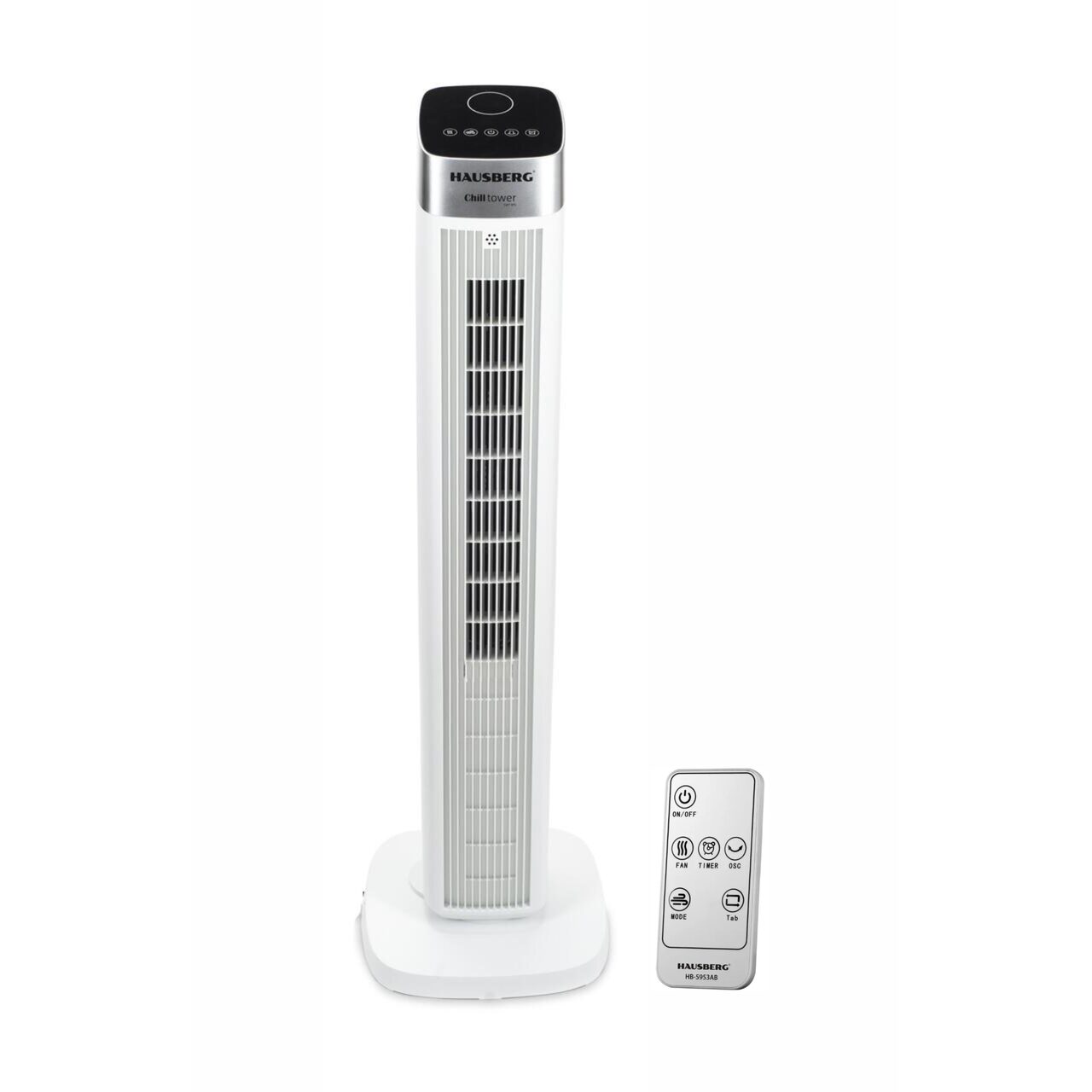 Ventilator turn digital Hausberg HB-5953AB, 55W, 41 inch, 3 viteze, 3 moduri, temporizator 24h, LED, oscilatie, telecomanda, difuzor parfum, alb