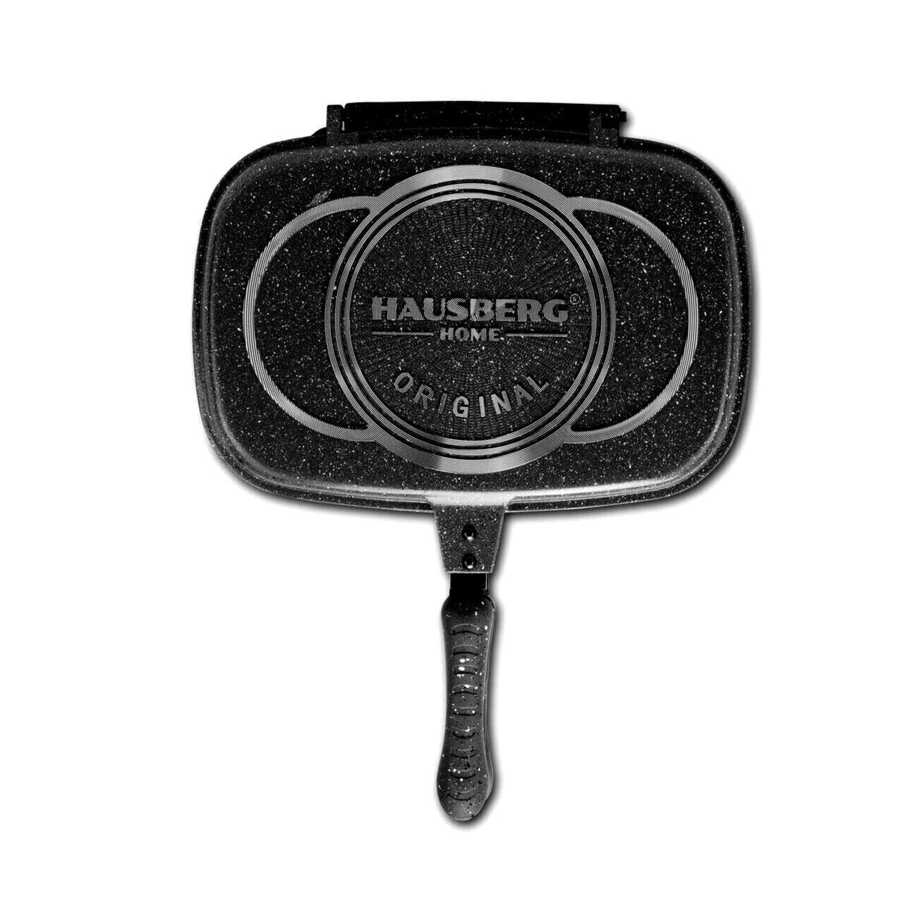 Tigaie Dubla Grill Hausberg HB-H1540NG, interior antiaderent, 36 cm, marmura, Negru