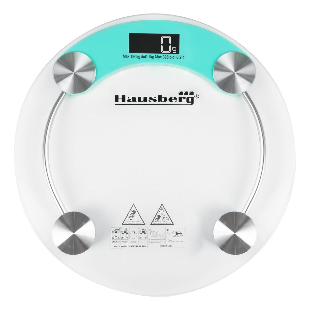 Cantar corporal HAUSBERG HB-6000BL, display LCD, inchidere automata, indicator baterie, 180 kg, Sticla transaparenta, Bleu